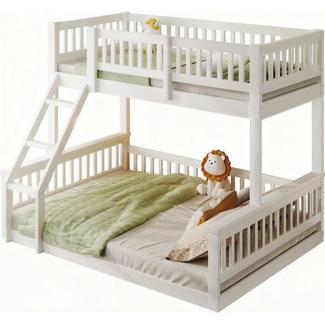 Litera infantil 90x200 + 140x200 cm con escalera, barandillas de seguridad, estilo blanco minimalista y madera de pino, ideal para dos niños - CHICFURN (1/5)