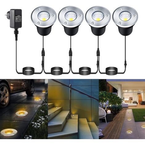 Lot de 4 spots de sol LED avec prise d'alimentation 3 W 12 V Ø 65 mm Spot de sol extérieur IP67 Blanc chaud Éclairage de sol rond pour terrasse, jardin, escaliers, trottoir, allée (1/5)