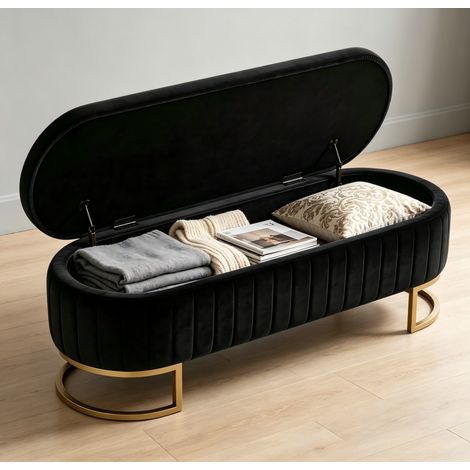 DESMIU Banc Coffre De Lit en Velours avec Pieds Métal Dorés et Couture Verticale, 130 cm, Noir (1/5)