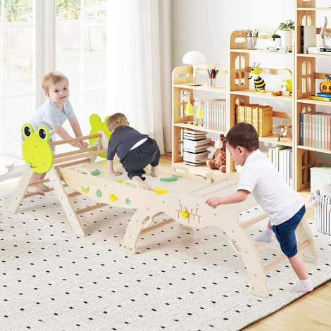 Structure d'escalade enfant en bois naturel 3 pièces avec triangle, arche et rampe pliable pour chambre, salle de jeux et jardin (1/3)