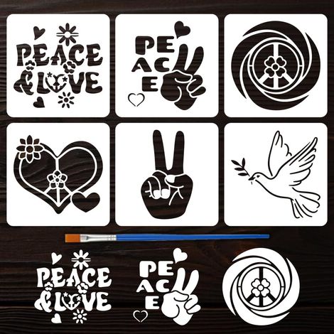 6Pcs Pochoir de Gestes et Symboles de Paix Avec Pinceau 15x15cm Modèle de Cœur Amour de Paix Colombes Avec Branches D'Olivier Pochoir Fleurs Spirales Phrases Modèle de Thème Quotidien (1/5)