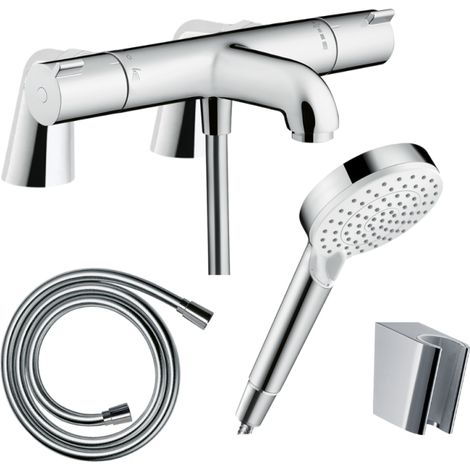 Pack mezclador termostático de bañera HANSGROHE Ecostat + rociador de ducha Crometta EcoSmart + flexo Isiflex + soporte y elevadores cromados