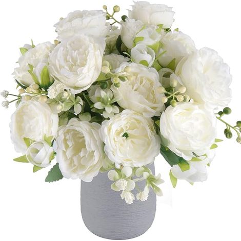 BEBUSINGOTO Peonías artificiales, ramo de peonías de seda blanca, 4 manojos, flores de otoño para centros de mesa de boda bohemios, decoración rústica, plantas artificiales a granel (blancas) (1/5)