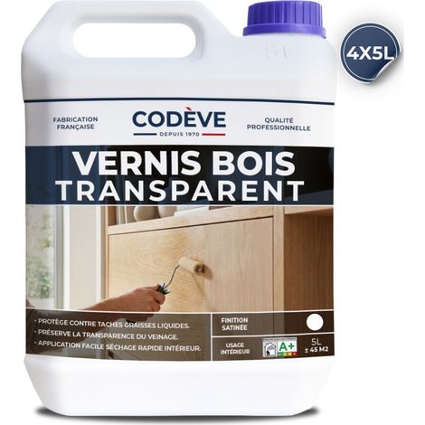 Codève Bois – Vernis transparent bois 4x5 L – Finition satinée incolore – Résistant aux rayures et à l'eau – Pour bois dur et teck