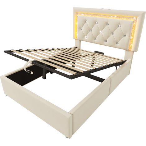 Cama tapizada 90x200 cm de terciopelo con LED, USB-C y arcón hidráulico - Beige (1/5)