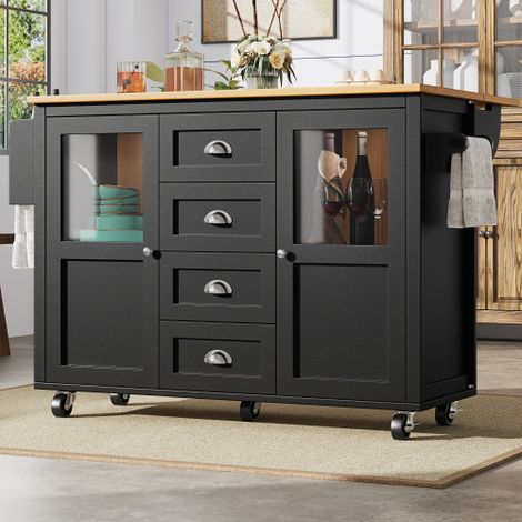 Kücheninsel,Küchenschrank,Buffetschrank,120x73(45)x93cm,ausziehbarer Küchenwagen mit Rollen, Handtuchhalter, Gewürzregal, verstellbaren Einlegeböden, zwei Türen, vier Schubladen, weiß/schwarz