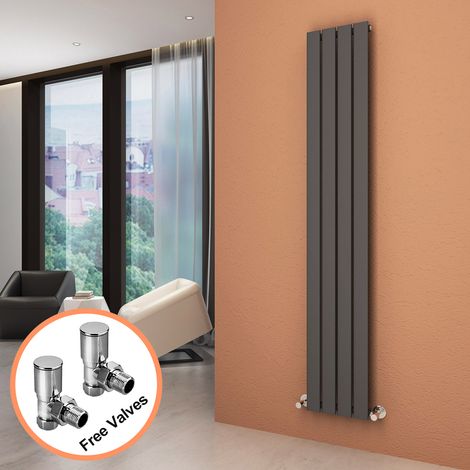 ELEGANT Radiators Vertical Anthracite Tall Single Bathroom Kitchen Designer Radiator Flat Panel 1800 x 300 + Angled Radiator Valves (1/5)