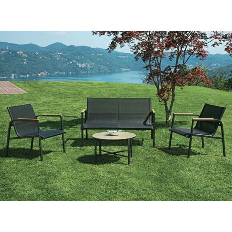 Salotto da Giardino Antracite con Divano 2 Poltrone e Tavolino con Top in Vetroceramica