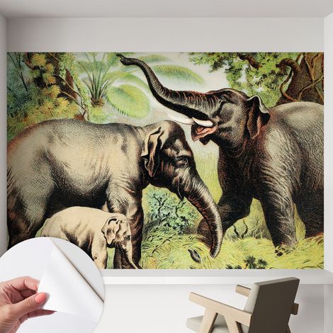 Papier peint adhésif autocollant pour salon chambre à coucher peint imprimé Installation facile Famille d'éléphants 152x104 cm (1/5)