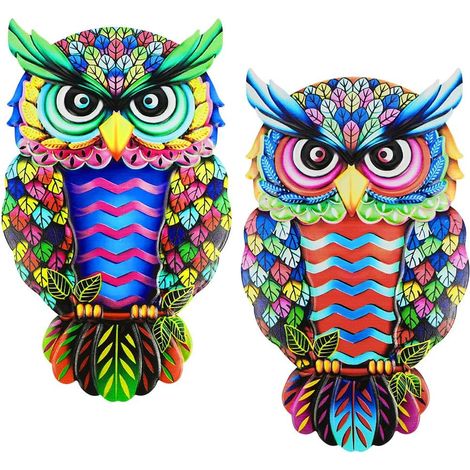 Décoration Murale en Métal en Forme de Hibou, 2pcs Coloré Hibous de Jardin en Métal d'art Mural Extérieur,Sculpture Mur Art Décoration Hibou à Suspendre pour Jardin, Terrasse, Porche, Maison (1/5)