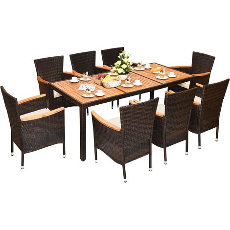 COSTWAY 9 Pezzi Set di Mobili da Giardino, Set di Mobili in Rattan PE con Cuscini Rimovibili, 8 Sedie Impilabile e 1 Tavolo, per Giardino Piscina e Cortile (1/5)