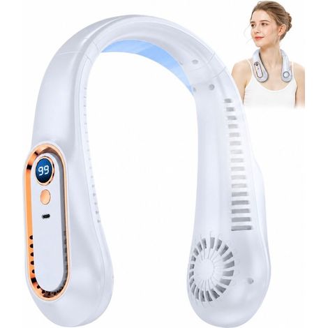 Ventilateur de cou sans fil 360° avec écran, 1200 mAh, sans pales et silencieux, 5 vitesses, rechargeable, pour sport et bureau, blanc (1/5)