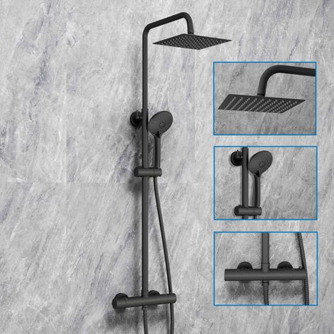 SKY Bathroom Square Thermostatic Exposed Shower Mixer Twin Head Set Matt Black (1/5)