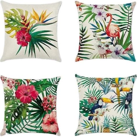 SABIR-Housse de coussin beige - YNKKVRE - Lot de 4 - Imperméable - Motif plantes et fleurs - 45 x 45 cm (1/4)