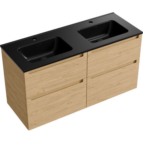 Waschtischunterschrank Bernstein VIREO 120 cm mit Doppelwaschbecken Schwarz - Badmöbelfarbe Eiche Honiggold