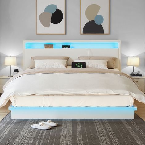 Lit Double, 160,1 x 200,1 cm, Effet Flottant, avec Éclairage LED, Tête de Lit Haute, Multiprise, Style Moderne, Blanc (1/5)