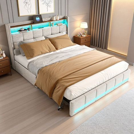 Doppelbett 160x200 mit Schubladen, LED RGB USB, beige Leinenstoff, Massivholzlattenrost, modernes Design für das Schlafzimmer von Erwachsenen