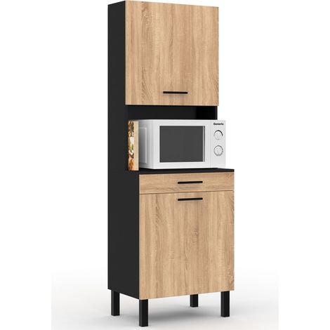 Idmarket – Buffet de cuisine 60 cm noir et hêtre – 2 portes – 1 tiroir – Dimensions : L. 60 x l. 40 x H. 177 cm – Niche pour micro-ondes