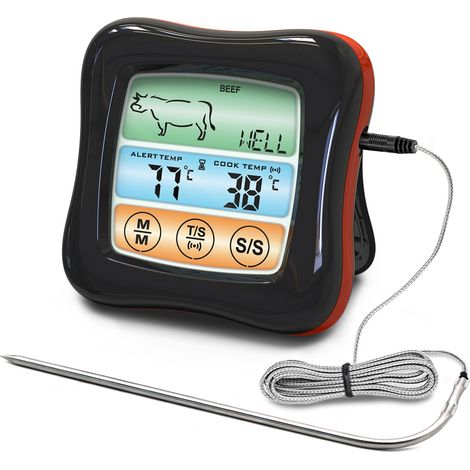 Termómetro digital para carne LIFCAUSAL con sonda no impermeable de 6,5 cm, pantalla táctil LCD retroiluminada, temporizador de cuenta regresiva para ahumador, horno, cocina y parrilla.