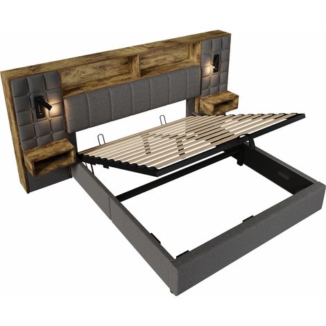 Polsterbett 160x200 cm grau mit Leinenbezug, LED, 2 Lampen, 2 Nachttischen, USB-C, Lattenrost (1/5)
