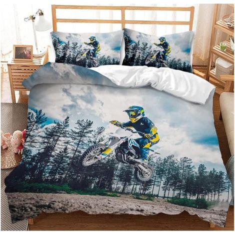 Parure de lit de moto 3D avec housse de couette de moto et taie d'oreiller pour adolescents sports extrêmes 240x260 cm,bleu - TQ7 (1/4)