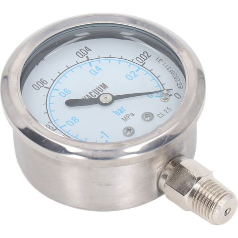 Manomètre à vide avec cadran double échelle, raccord 1/4in NPT, acier inoxydable, pour eau et huile, plage -0,1-0 MPa (1/5)