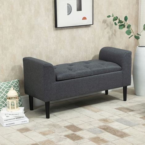 Sitzbank mit Stauraum, Polsterbank mit Leinenoptik, Holzbeine, Bettbank belastbar bis 130 kg, für Wohnzimmer Schlafzimmer Flur, 116 x 44 x 58 cm Dunkelgrau (1/5)
