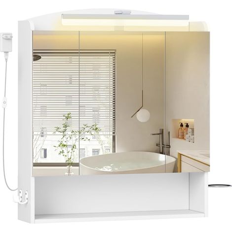 Specchio Bagno Contenitore, Mobiletto a Specchio con LED, Porta Asciugacapelli e Ganci, Interruttore e Spina, Ripiani Regolabili, Bianco