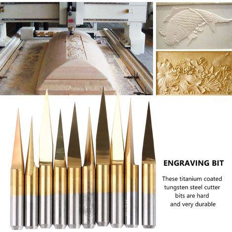 10 pièces Fraises à graver CNC en acier tungstène revêtu de titane de 3,175 mm (3,17510°0,1)