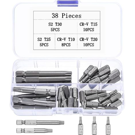 38 Pcs Tournevis Bits Torx précision Tournevis T10 T15 T20 T25 T30 Bits Star sécurité Set de tour de tour avec hexagone 1/4 pouce (1/5)