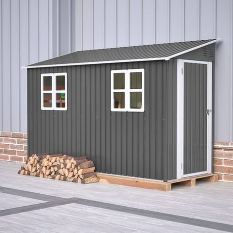 BIRCHTREE 4x10ft Lean To Garden Shed Metal Storage Tool House Pent Roof Grey (1/5)