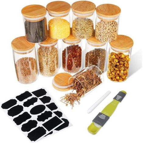 10 Pièces Bocaux Alimentaires Verre 5PCS 250ml + 5PCS 350ml Hermetique Conservation Transparent avec Rondelle pour Céréales Fruits (1/4)