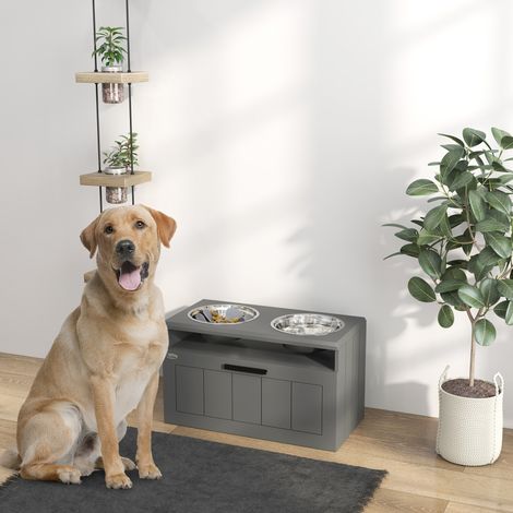 Gamelle pour chien surélevée avec 2 bols en acier inoxydable, tapis anti-glouton et tiroir de rangement 25 L, pour grand chien, gris - CHICFURN (1/5)