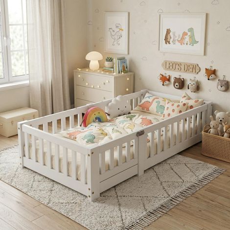 Lit Enfant 80x160 cm en Bois Massif, Lit Bateau avec Garde-corps Sécurisé, Anti-chute, Sommier à Lattes, Blanc