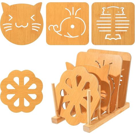 8 Pcs Dessous de Plat Résistants à la Chaleur, Dessous de Plat en Bambou, Rond Tapis de Dessous de Plat en Bois Antidérapant pour Casseroles, Théières, Bols, Vaisselle, avec égouttoir (1/5)