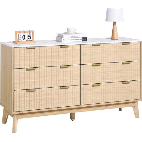 Commode à 6 tiroirs, meuble de rangement en bois avec système coulissant et anti-basculement, style minimaliste moderne, organisateur cannelé pour salon, couloir, chambre, entrée, bois clair (1/5)