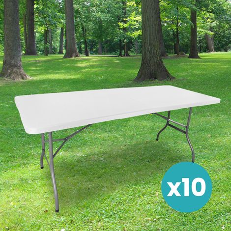 Lot de 10 Table Pliante de Jardin 180 cm Rectangulaire Blanche - Table de Camping 8 personnes L180 x l74 x H74cm en HDPE Haute Densité Épaisseur 3,5 cm - Pieds en Acier Pelliculé Gris (1/5)
