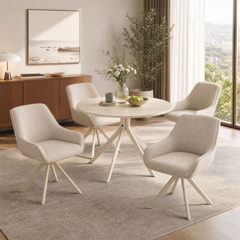 Geourvant 5-Piece Dining Table Sets with Round Travertine Oak Veneer Dining Table and 4 Swivel Dining Chairs - Beige Dining Chairs with White Legs (1/5)