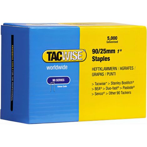 Tacwise – Agrafes à couronne étroite 90/25mm – Lot de 5000 agrafes – Pour agrafeuses pneumatiques – Fixation bois dur et teck