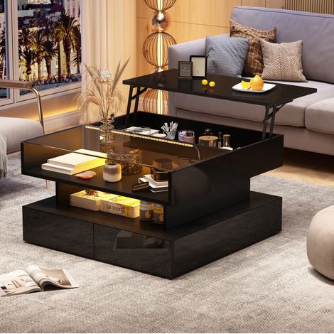Tavolino da salotto quadrato nero 80 x 80 cm, piano alzabile idraulico, vetro temperato, 2 cassetti e LED (1/5)