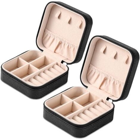 Boîte à bijoux de voyage Portable 2 pièces, boîte de rangement de bagues en cuir pour filles et femmes (noir) (1/5)