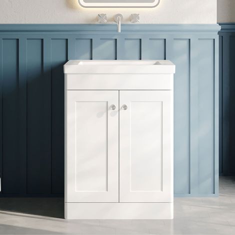 Nuie Classique Floor Standing 2-Door Vanity Unit with 0TH Contemporary Basin 600mm Wide - Satin White (1/5)