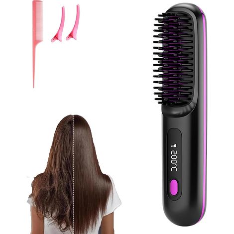 Mini brosse à lisser portable sans fil pour femme avec affichage de la température LCD, 2000 mAh, chauffage rapide et fer à lisser en céramique sans fil (BK) (1/5)