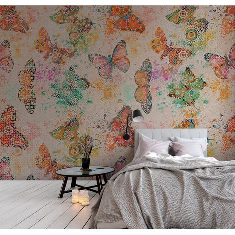 Papier peint panoramique orange et vert | Tapisserie panoramique à motifs papillons| Papier peint panoramique pour chambre d'enfant - 270 x 400 cm (4 pièces) (1/5)