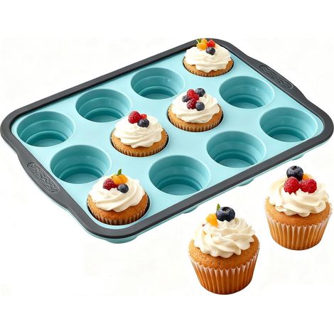 Silikon-Backform – Kuchenform – Gefrierform – 12 Fächer – Flexibler Boden – Leicht zu entformen – Faltbar – Verstärkter Metallrahmen – Langlebig – 1 Stück – Blau – 31 x 22,3 x 3,6 cm (1/5)