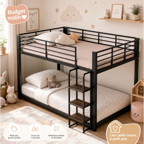 Litera 140/200 cm negra de metal y MDF con escalones de madera, seguridad reforzada (1/5)