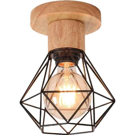Plafonnier semi-encastré bois vintage et métal noir style ferme, luminaire décoratif pour entrée, couloir et chambre (1/5)