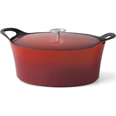 Volcan - Cocotte Ovale 35cm fonte de fer émaillée rouge avec couvercle (1/2)