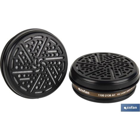 COFAN set 2 filtros tipo a1 , Filtros A1 diseñados para la protección de gases y vapores de compuestos químicos. Formados por unos cartuchos cilíndricos negros fabricados en poliet (1/4)