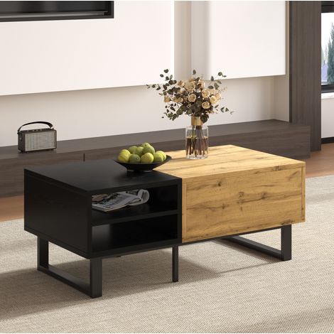 Mesa de centro 100x50x40 cm natural y negro en tablero de partículas con 3 compartimentos y 1 cajón (1/5)